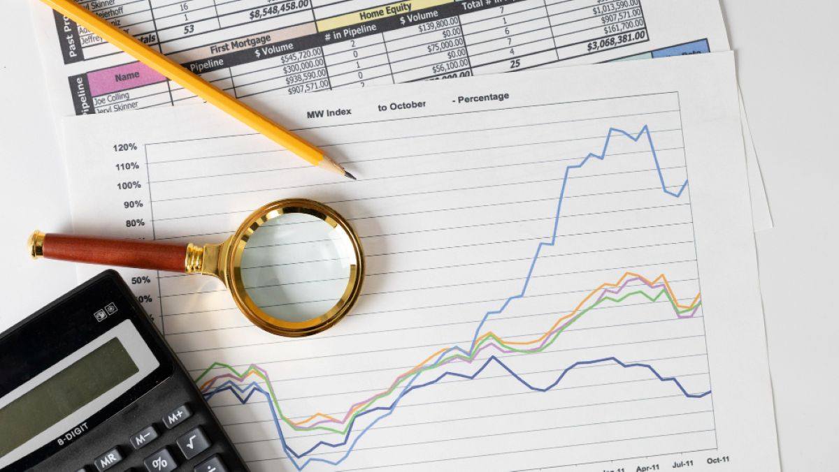 Financial audit concept with charts, graphs, and calculator representing accounting and auditing processes