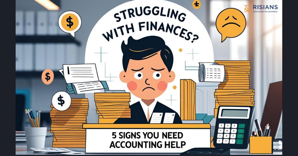 A stressed business owner surrounded by invoices, tax forms, and a calculator—illustrating the need for professional accounting services in Dubai.