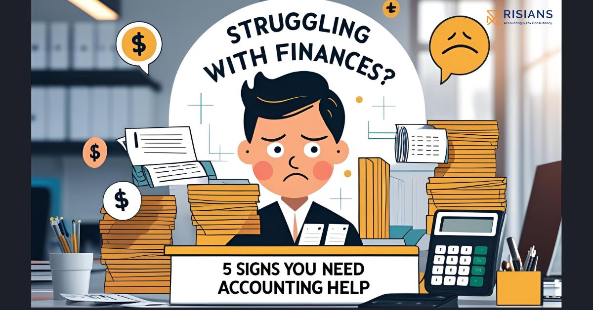 A stressed business owner surrounded by invoices, tax forms, and a calculator—illustrating the need for professional accounting services in Dubai.