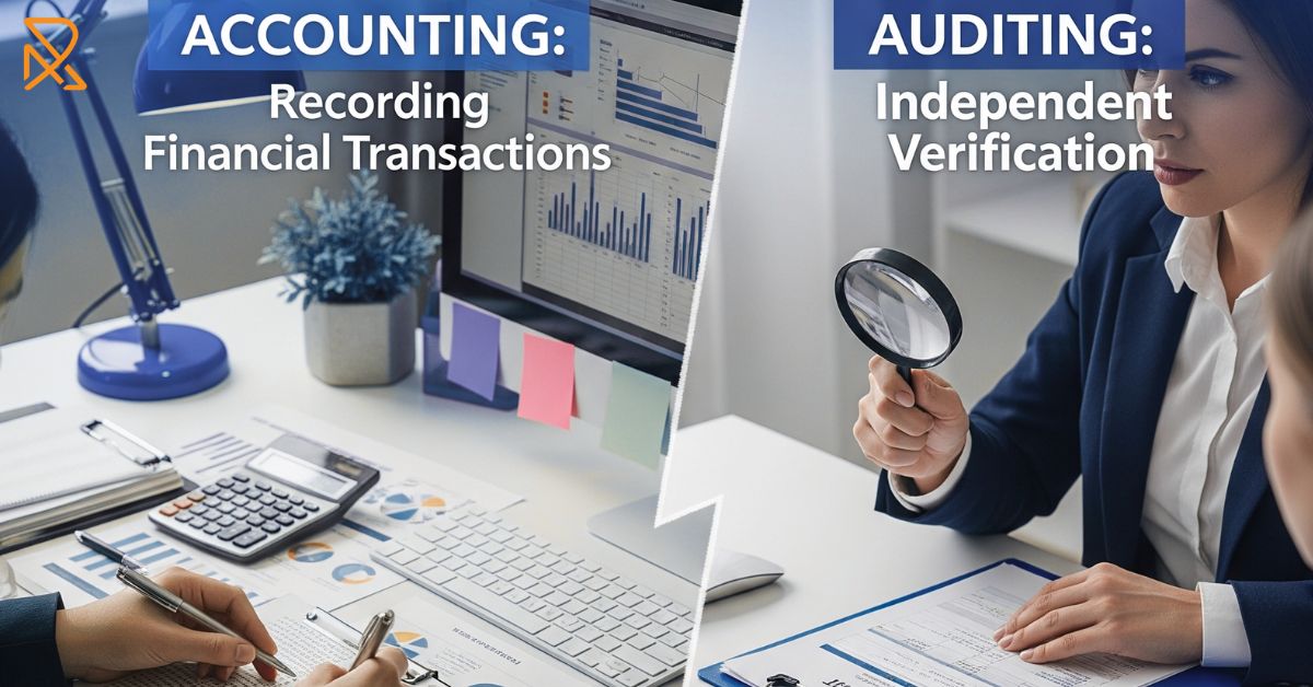 “Professional infographic comparing accounting and auditing services with key differences, highlighting accounting services in Dubai and audit services in Dubai, designed for business financial education.”