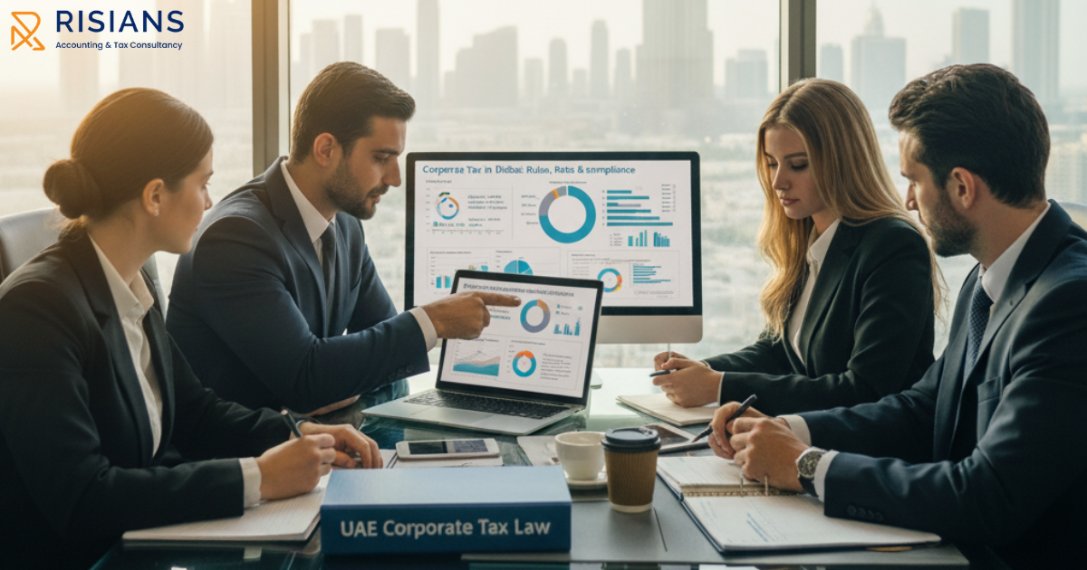 Corporate tax agents discussing Dubai's tax rules and compliance in a modern office with city skyline.