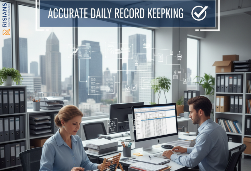 Accountant analyzing financial data and preparing reports, balance sheets, profit & loss statements, budgets, and tax filing as part of accounting and bookkeeping services for Dubai businesses.