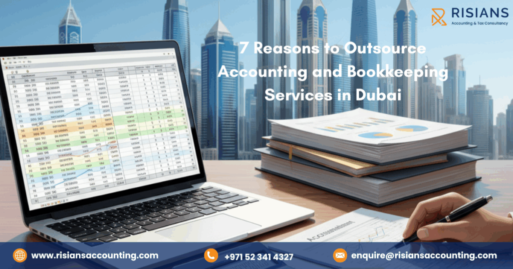 Outsource Accounting and Bookkeeping in Dubai with Risians Accounting & Tax Consultancy, professionals working on financial documents at a modern office desk.