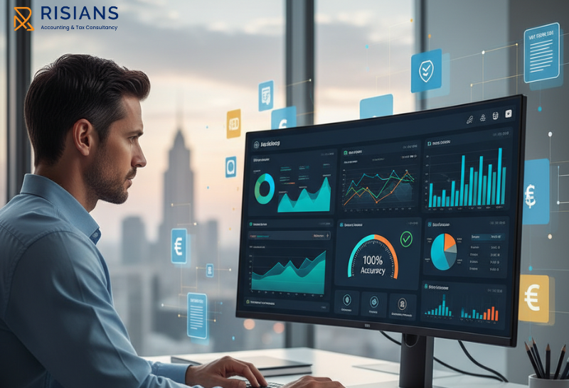 Expert accountant from Risians Accounting & Tax Consultancy providing outsourced accounting and bookkeeping in Dubai, analyzing reports and VAT forms.