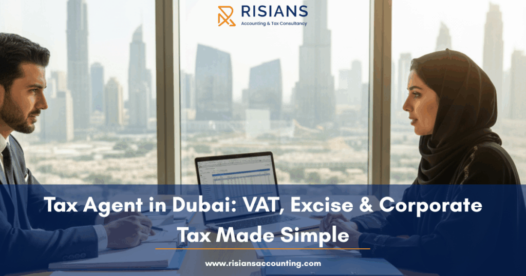 Tax agent in Dubai advising a business owner on VAT, excise, and corporate tax compliance with Dubai skyline in the background.
