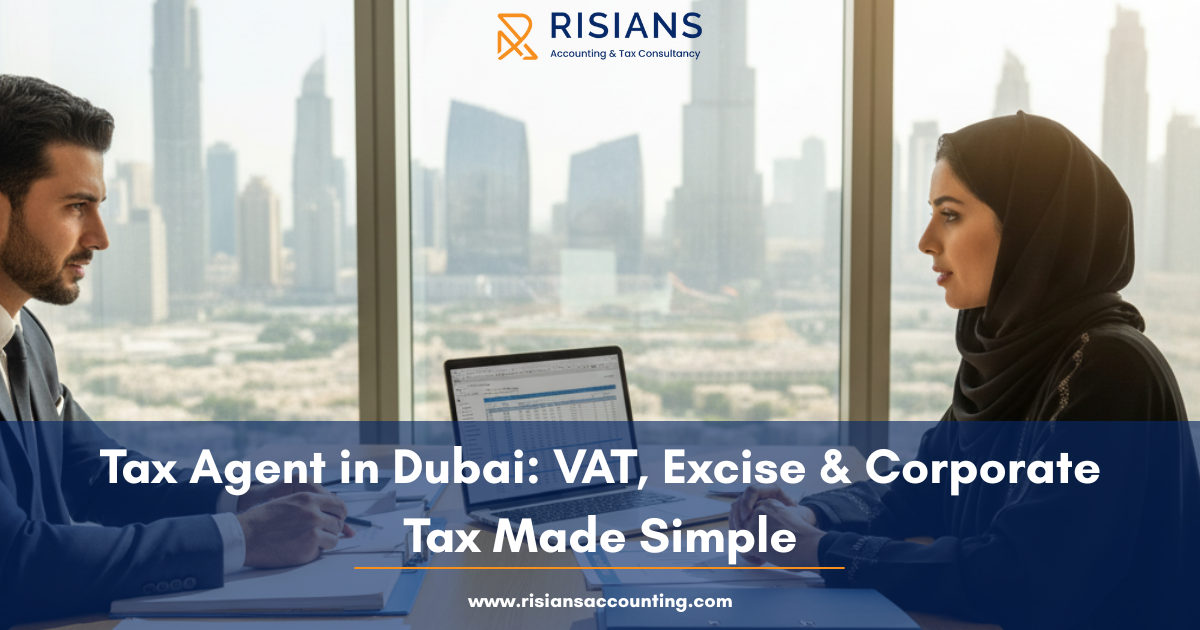 Tax agent in Dubai advising a business owner on VAT, excise, and corporate tax compliance with Dubai skyline in the background.