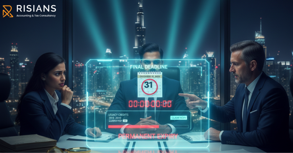 Professional desk with clock and tax documents representing the UAE VAT extended audit window for 2026 refund claims.