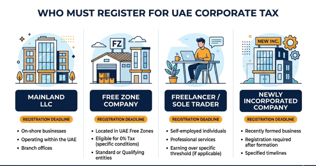 Who must register on EmaraTax UAE—mainland companies, free zone entities, sole traders and new businesses? 2026
