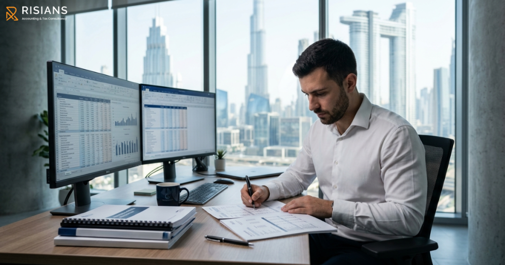 FTA audit Dubai 2026 — accountant reviewing corporate tax and VAT returns at Dubai office