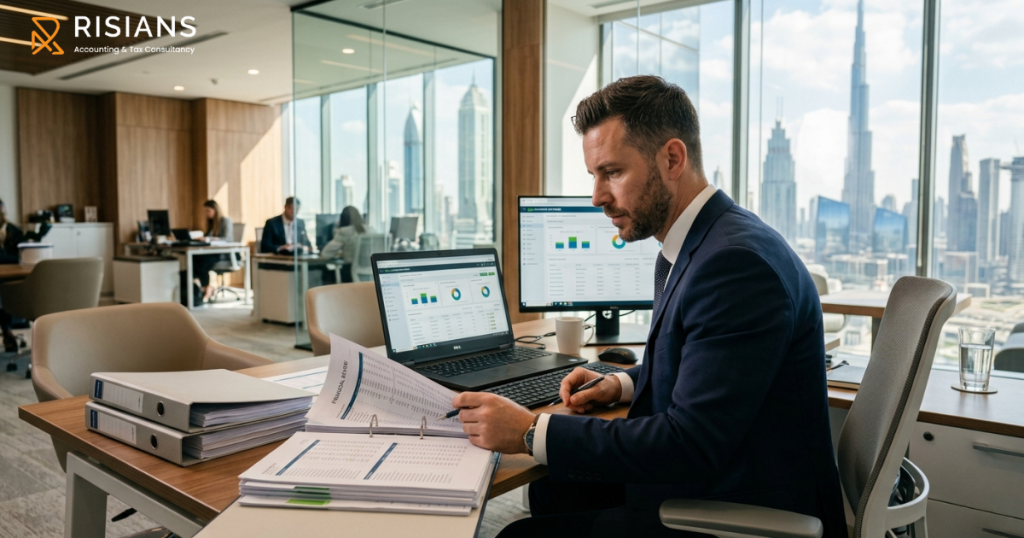 Backlog accounting services Dubai — accountant reviewing unreconciled financial records