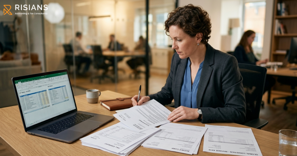 Accountant reviewing FTA VAT audit documents in Dubai office