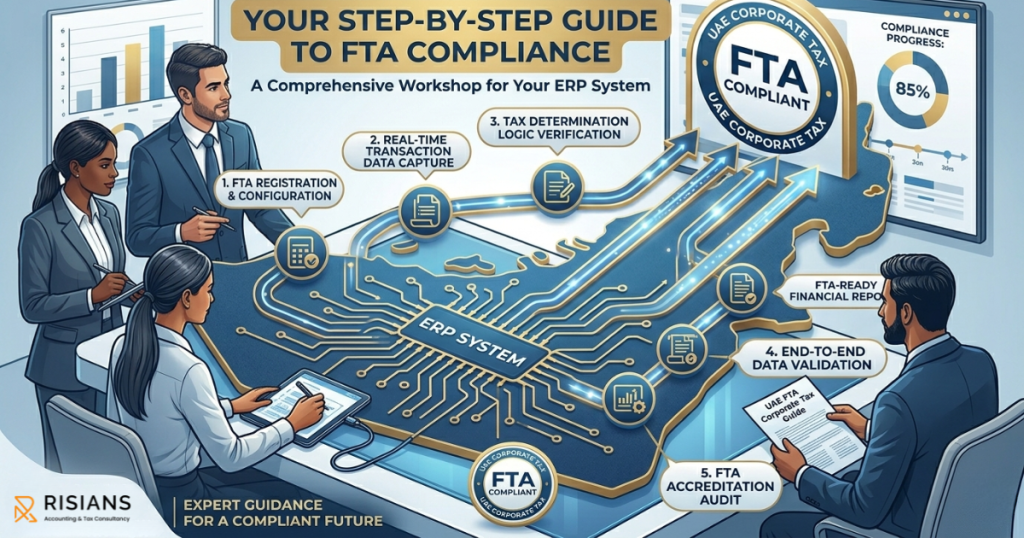 A step-by-step guide to UAE FTA compliance for ERP systems, depicting a professional team in a workshop setting using a digital interface to manage tax determination logic and data validation.
