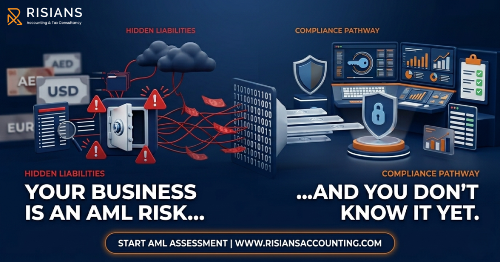 Anti-Money Laundering (AML) risk assessment for UAE businesses by Risians Accounting showing hidden liabilities and compliance pathways