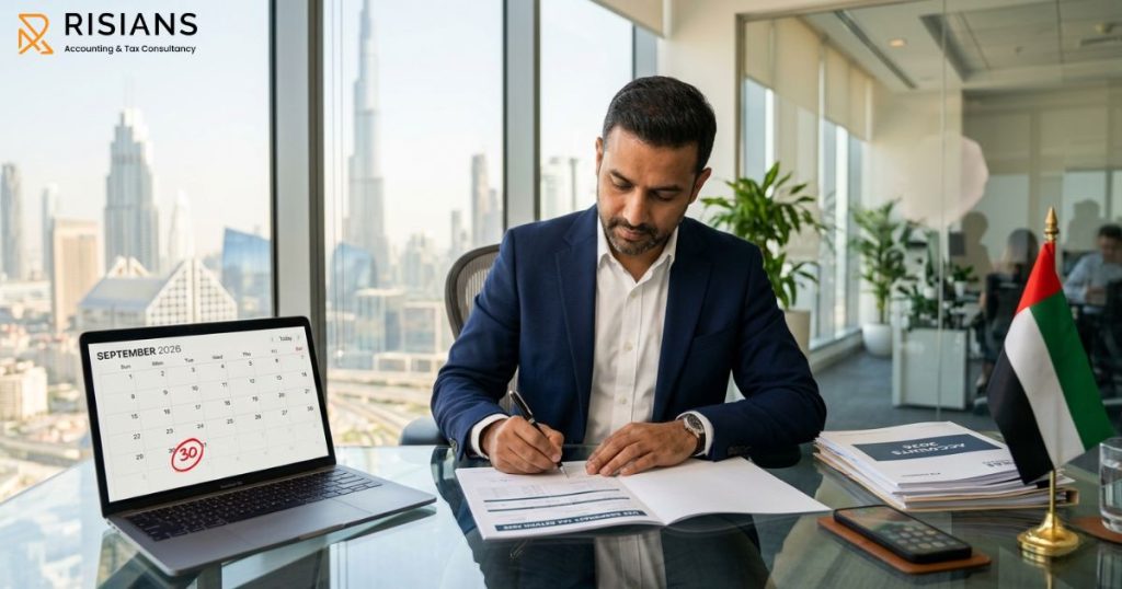 FTA-certified accountant reviewing UAE corporate tax return in Dubai office—Risians Accounting